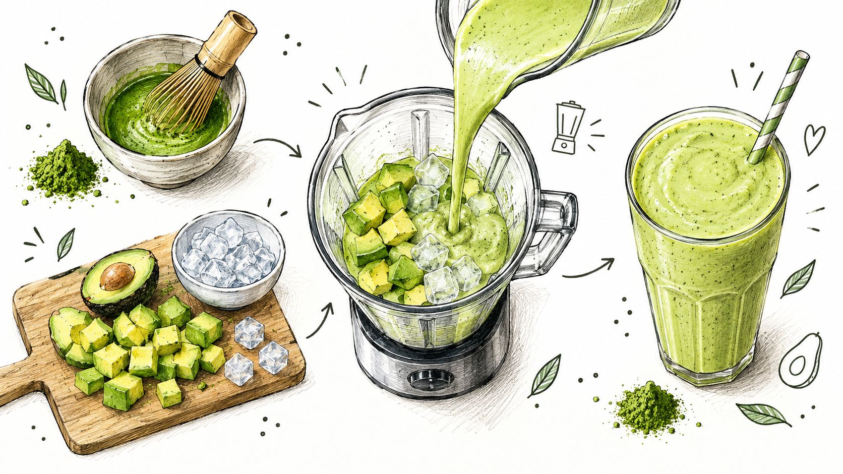 An illustrated step-by-step guide showing how to make a green matcha avocado smoothie without banana.