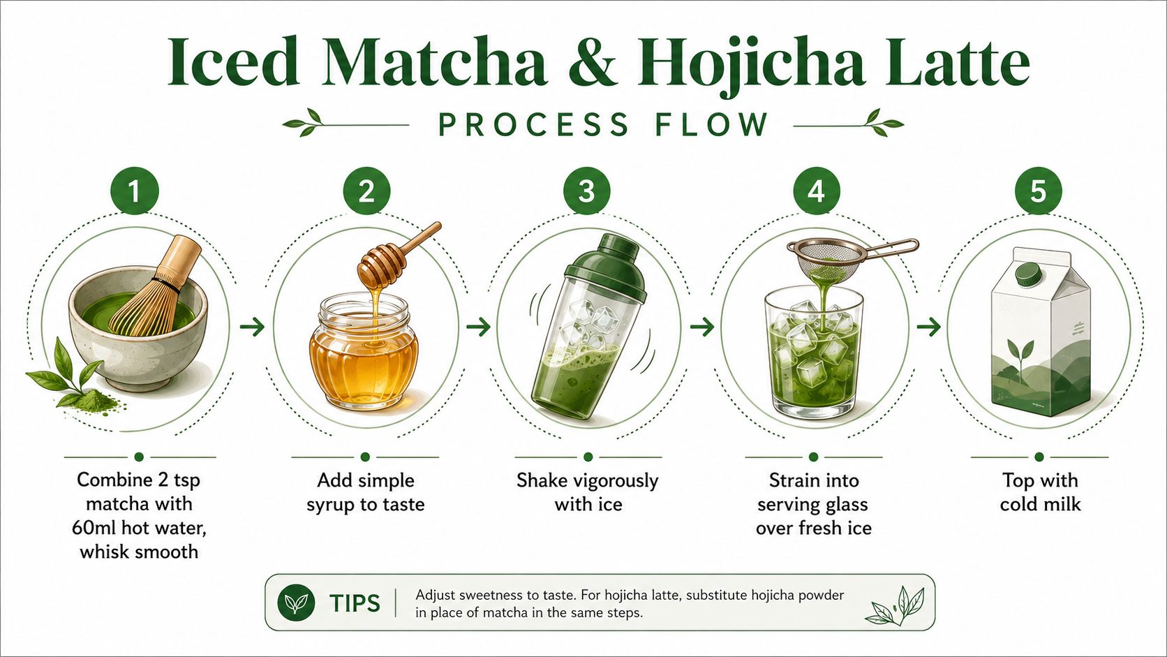 A five-step instructional graphic demonstrating how to make an iced matcha or hojicha latte at home.