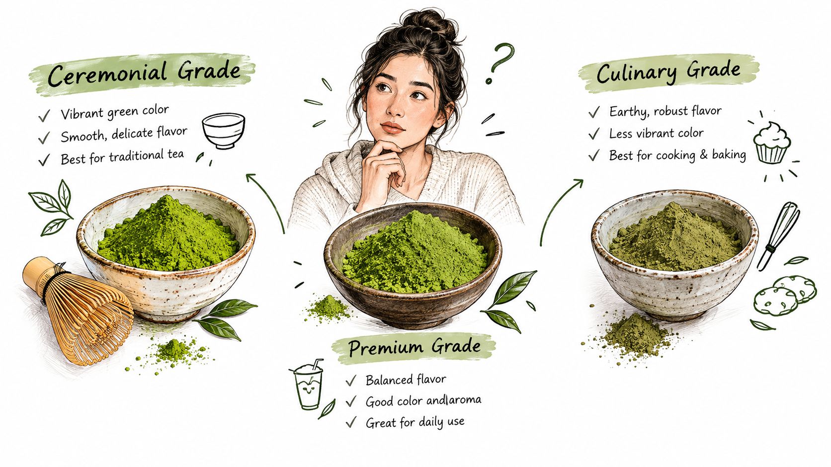 A comparison chart explaining the differences between ceremonial, premium, and culinary grade matcha tea powders.
