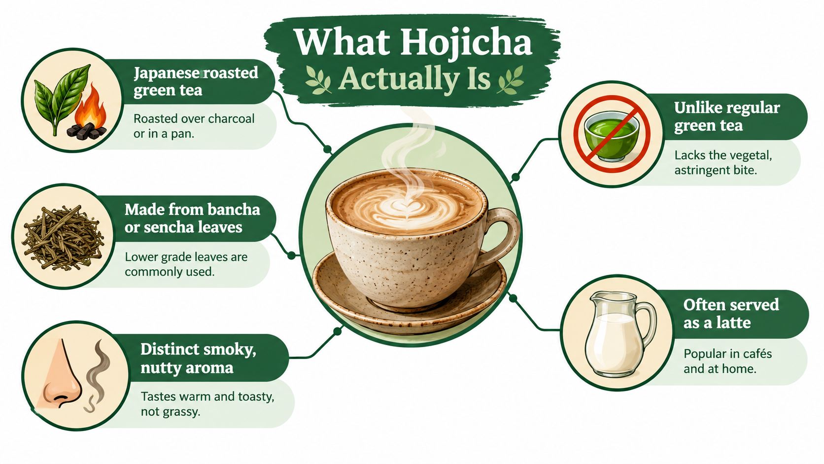 An infographic titled What Hojicha Actually Is, illustrating facts about roasted Japanese green tea and its characteristics.