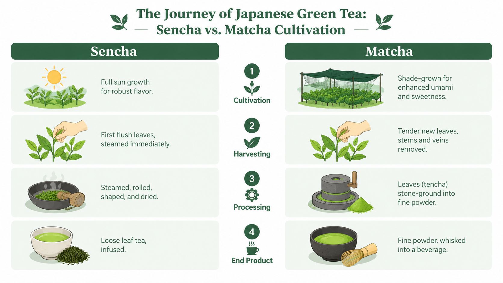 A comparison chart showing the cultivation, harvesting, processing, and preparation differences between Sencha and Matcha green tea.