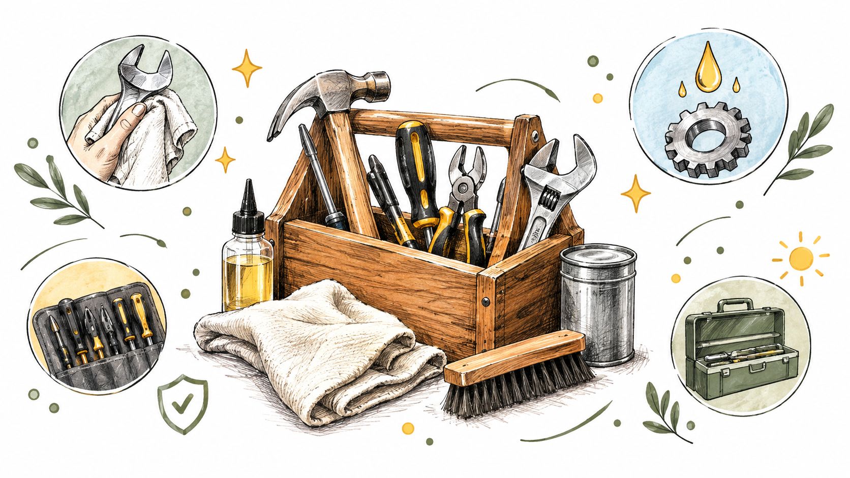A hand-drawn illustration showing a wooden toolbox with various tools, including a hammer, screwdrivers, and a wrench.