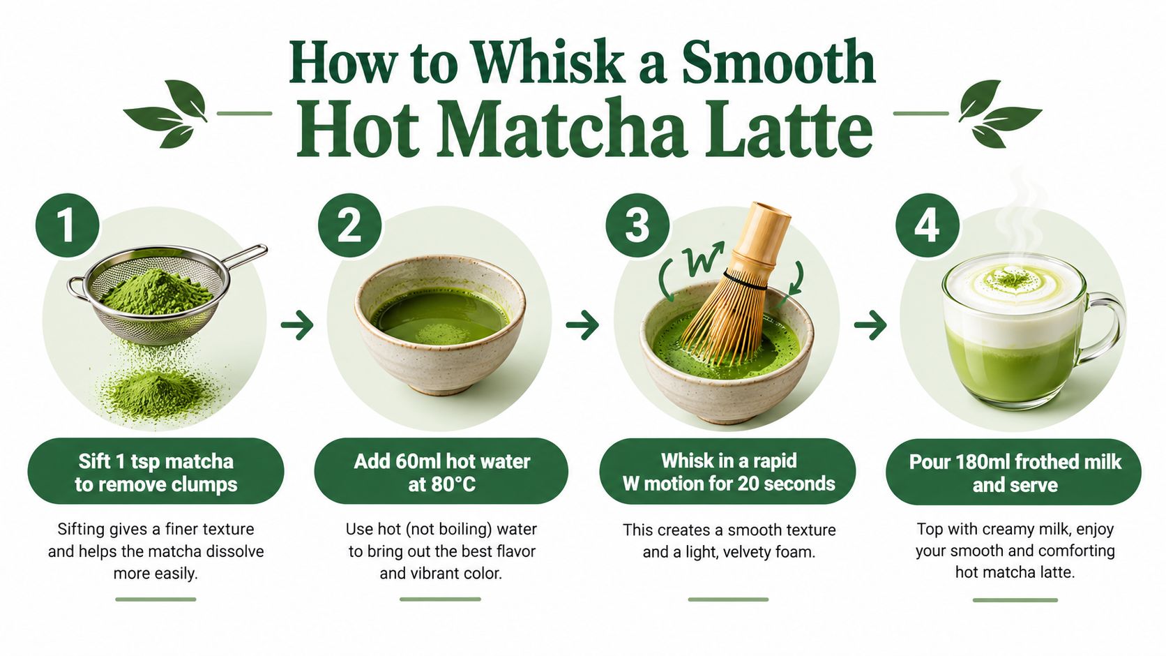 A simple four-step guide on how to prepare a smooth and creamy hot matcha latte at home.