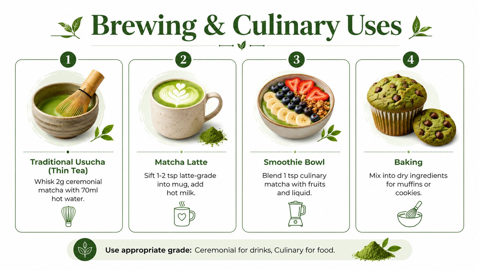 An infographic showing four different ways to prepare and use matcha green tea powder for drinks and baking.