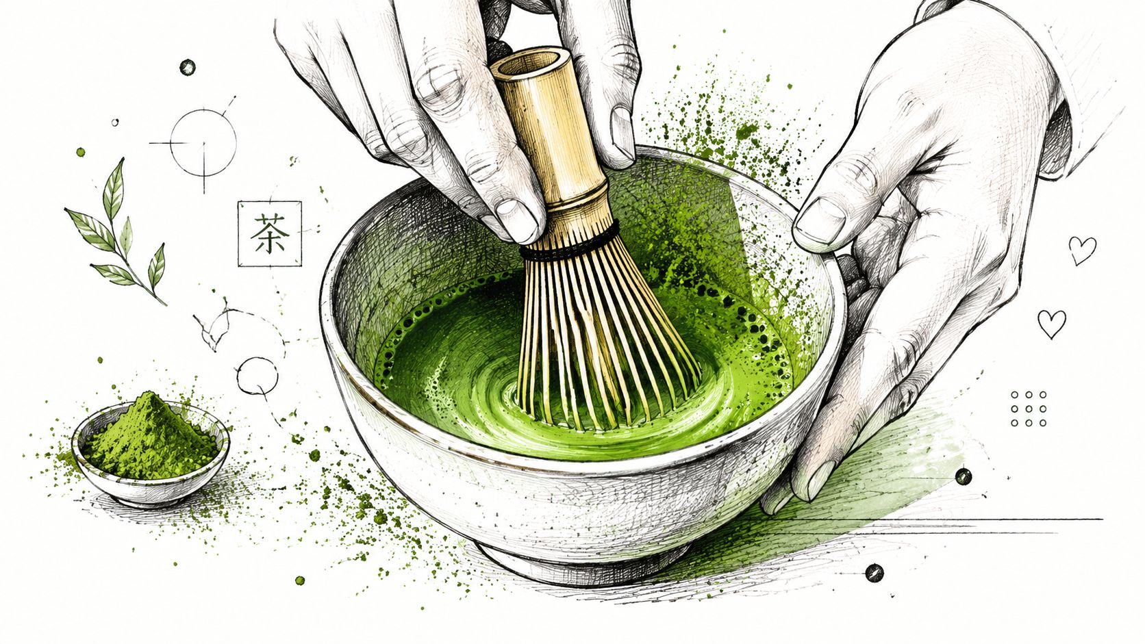 An artist's sketch of hands whisking vibrant green matcha tea in a ceramic bowl with bamboo whisk.