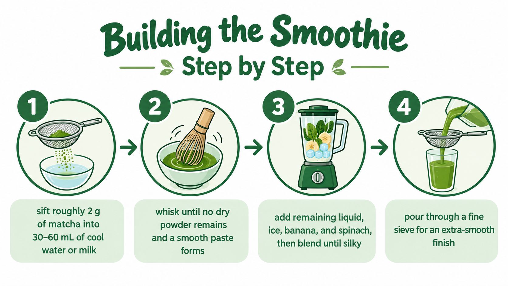A four-step infographic showing how to make a green matcha smoothie using a whisk and blender.