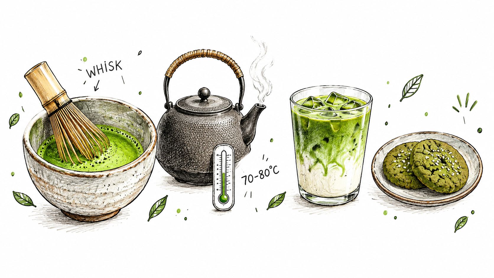 An illustration showing matcha preparation with a whisk, a teapot, iced matcha latte, and matcha cookies.