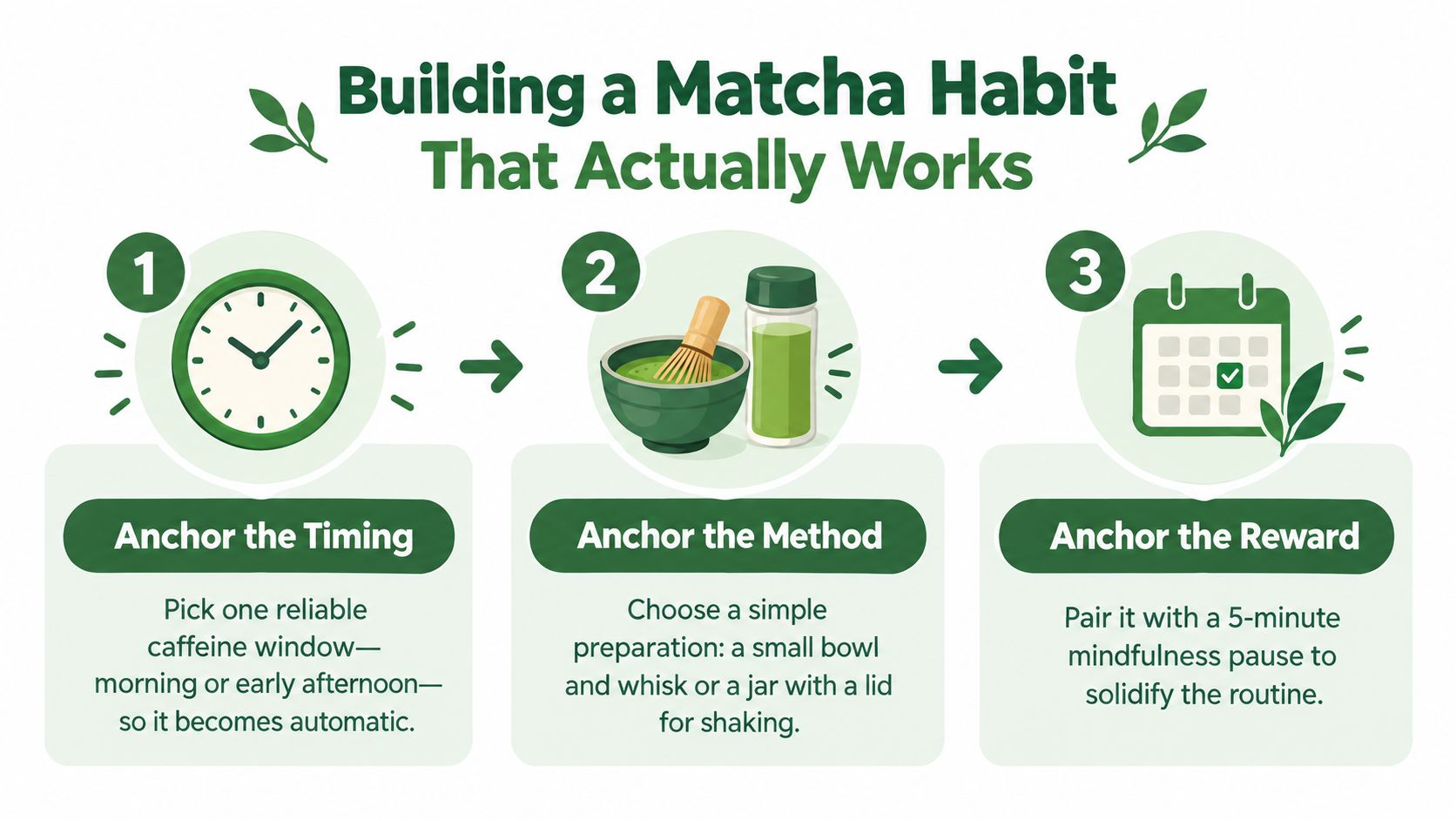 A three-step infographic on building a consistent matcha drinking habit through timing, preparation, and mindful rewards.