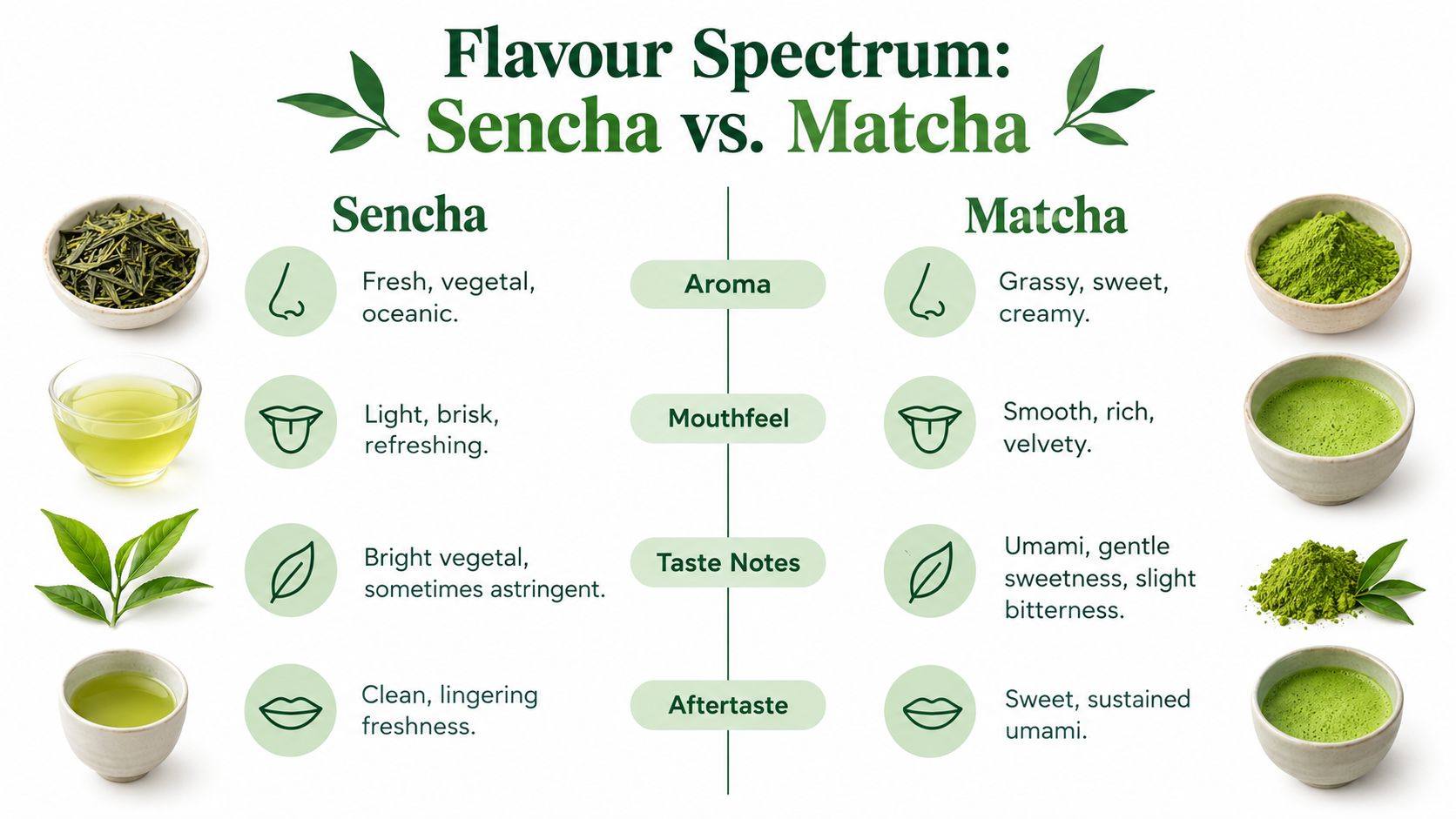 A comparison chart showing the flavor spectrum, aroma, mouthfeel, taste notes, and aftertaste of Sencha and Matcha tea.