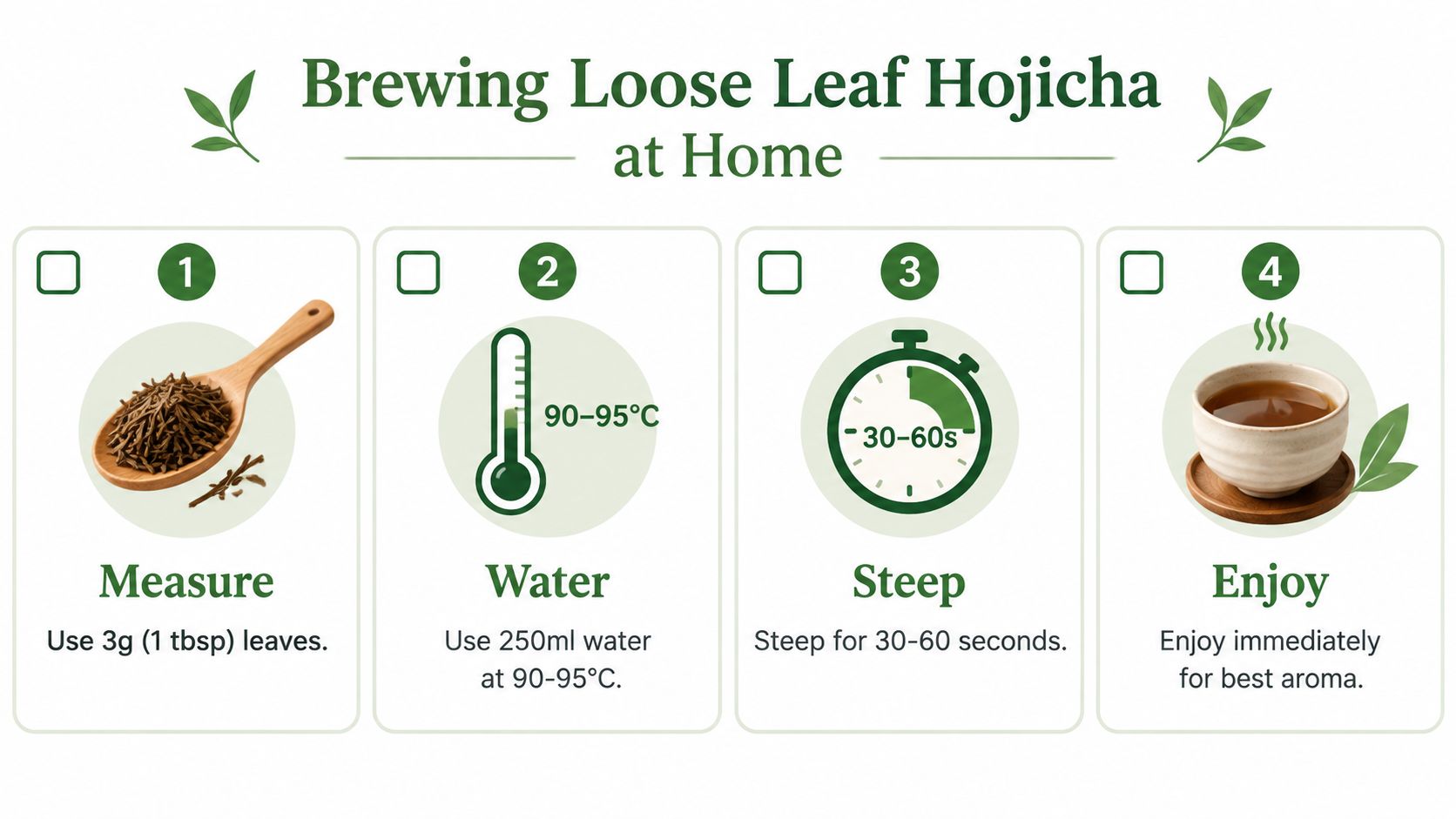 A simple four-step guide on how to brew loose leaf hojicha tea at home.