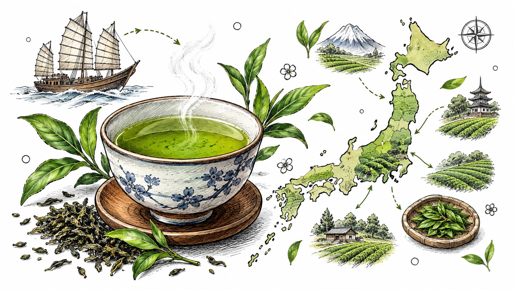 A detailed illustration of Japanese Sencha tea, featuring a steaming cup, loose tea leaves, and a map of Japan.