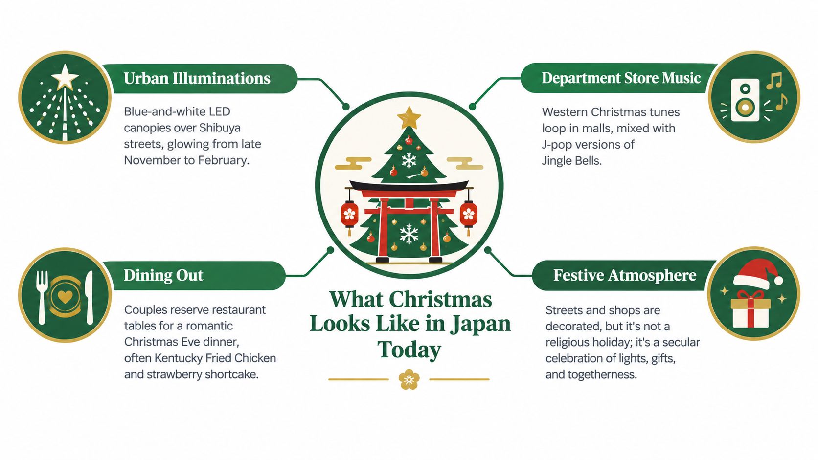 An infographic showing four common aspects of modern Christmas celebrations in Japan, including lights, music, dining, and atmosphere.