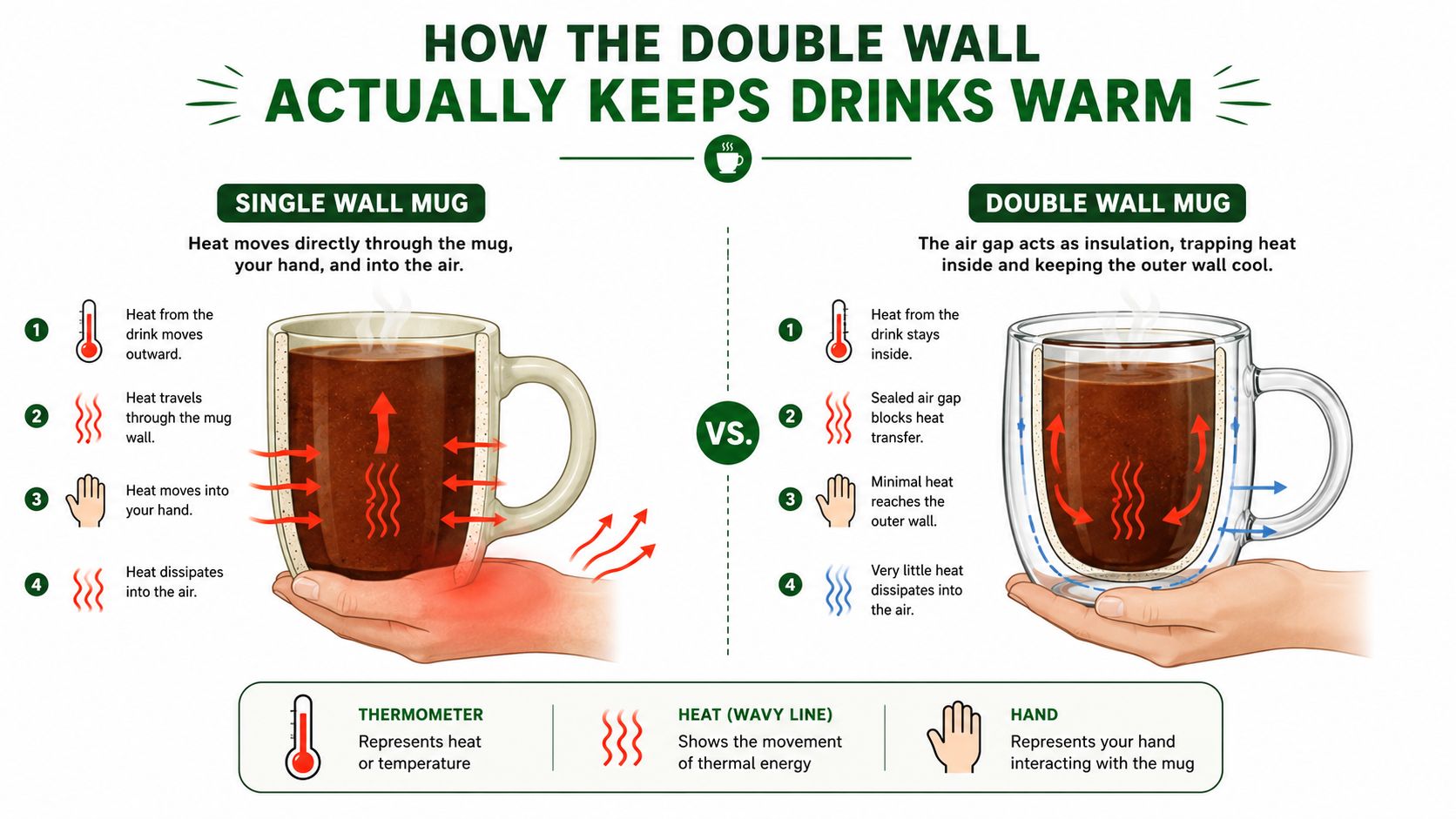 An infographic comparing heat retention in single-walled versus double-walled glass mugs held by hands.