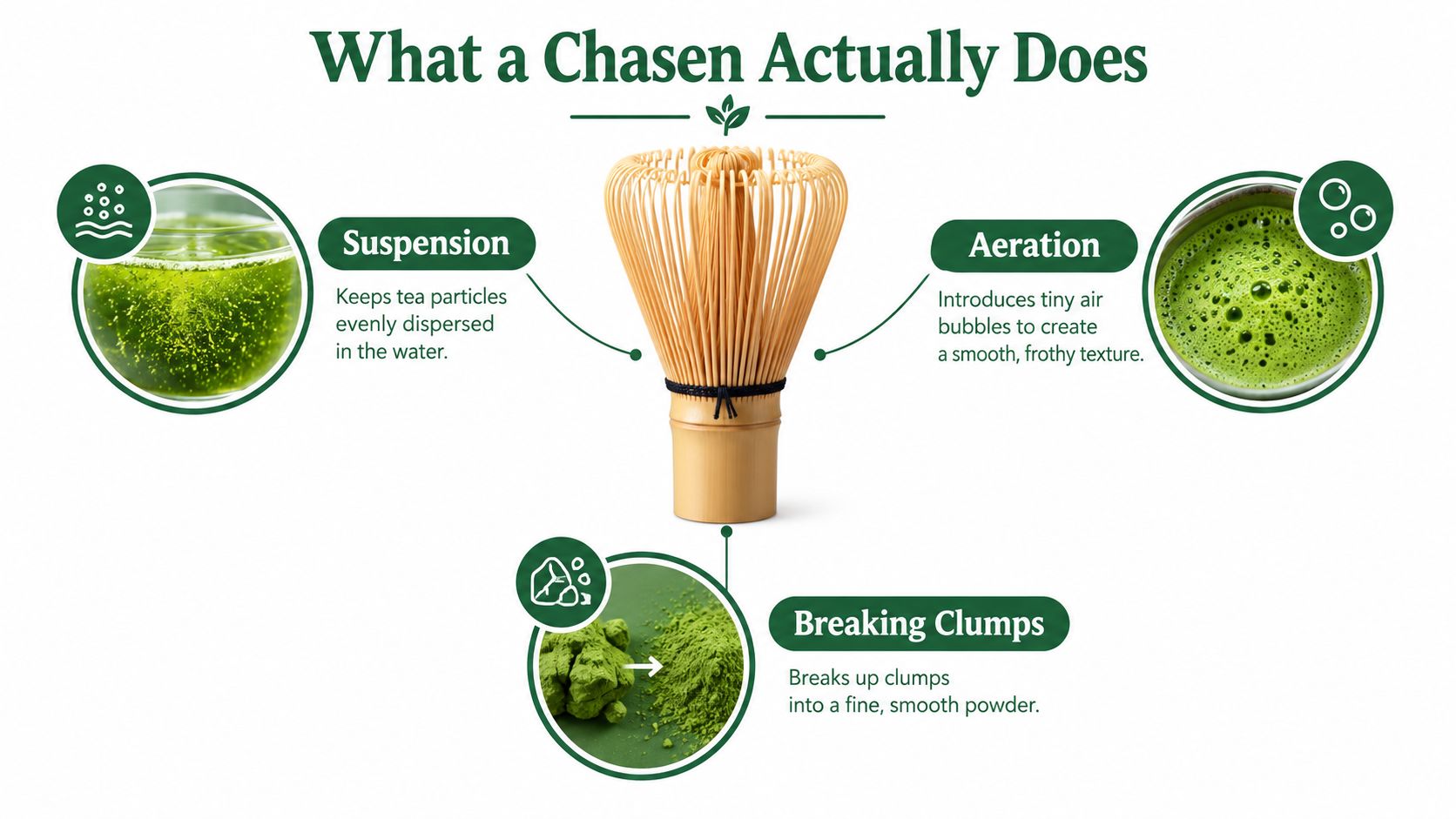 A diagram explaining the functions of a bamboo chasen whisk for preparing frothy green matcha tea.