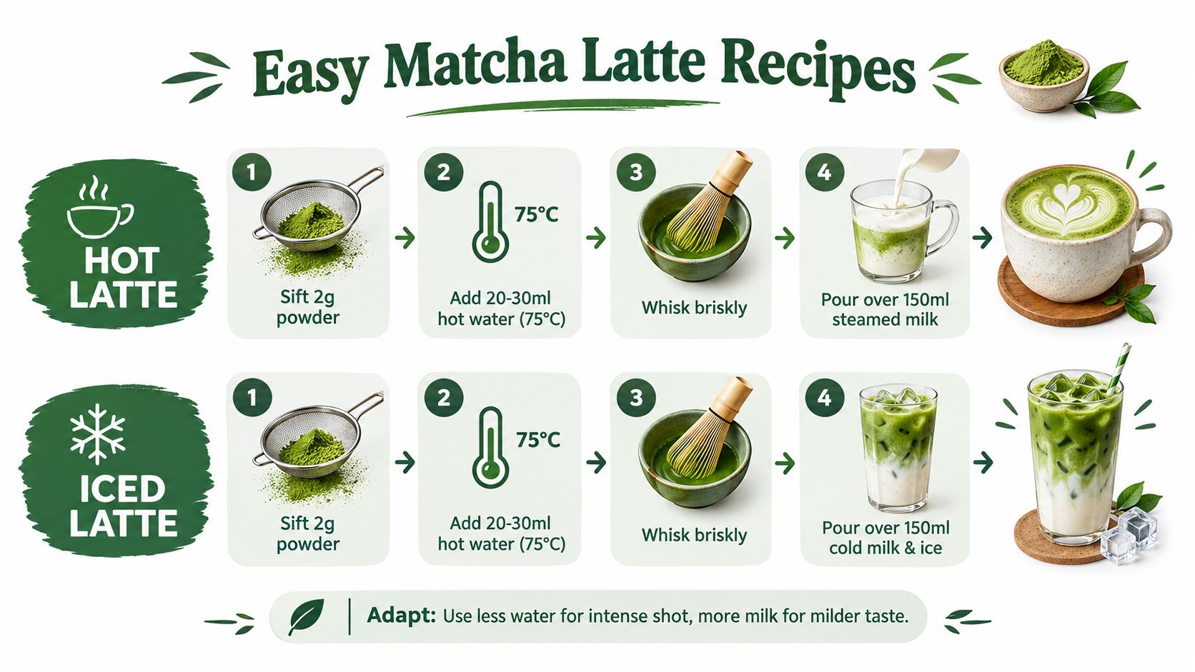 An instructional infographic showing two simple recipes for preparing a hot or iced matcha latte at home.