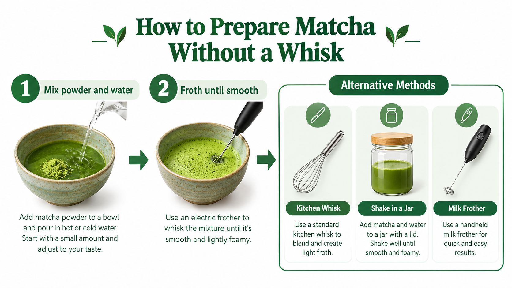 A step-by-step guide on how to prepare matcha tea using various household alternatives to a traditional bamboo whisk.