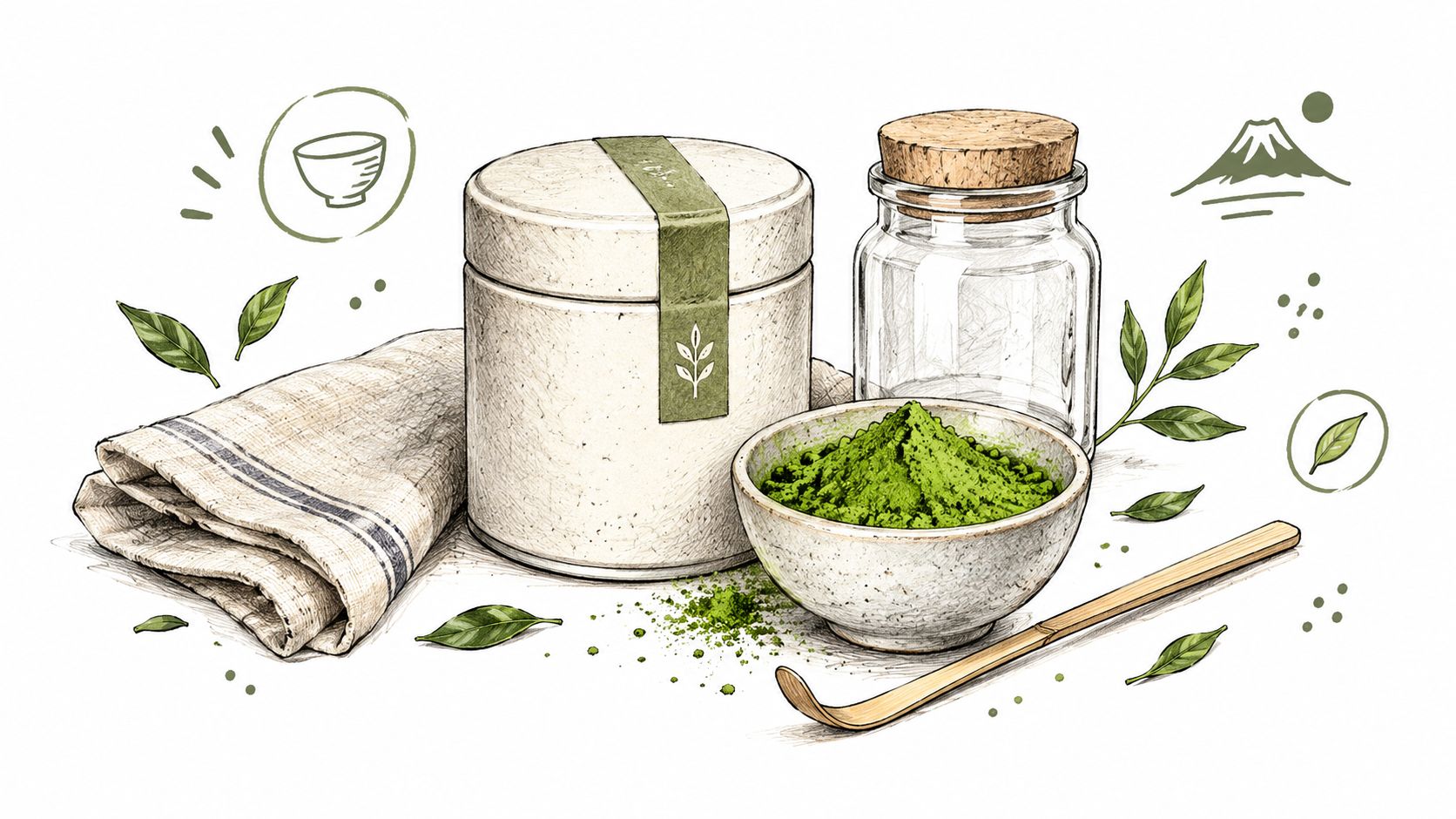 A hand-drawn illustration featuring matcha green tea powder, a storage container, bowl, and bamboo scoop.
