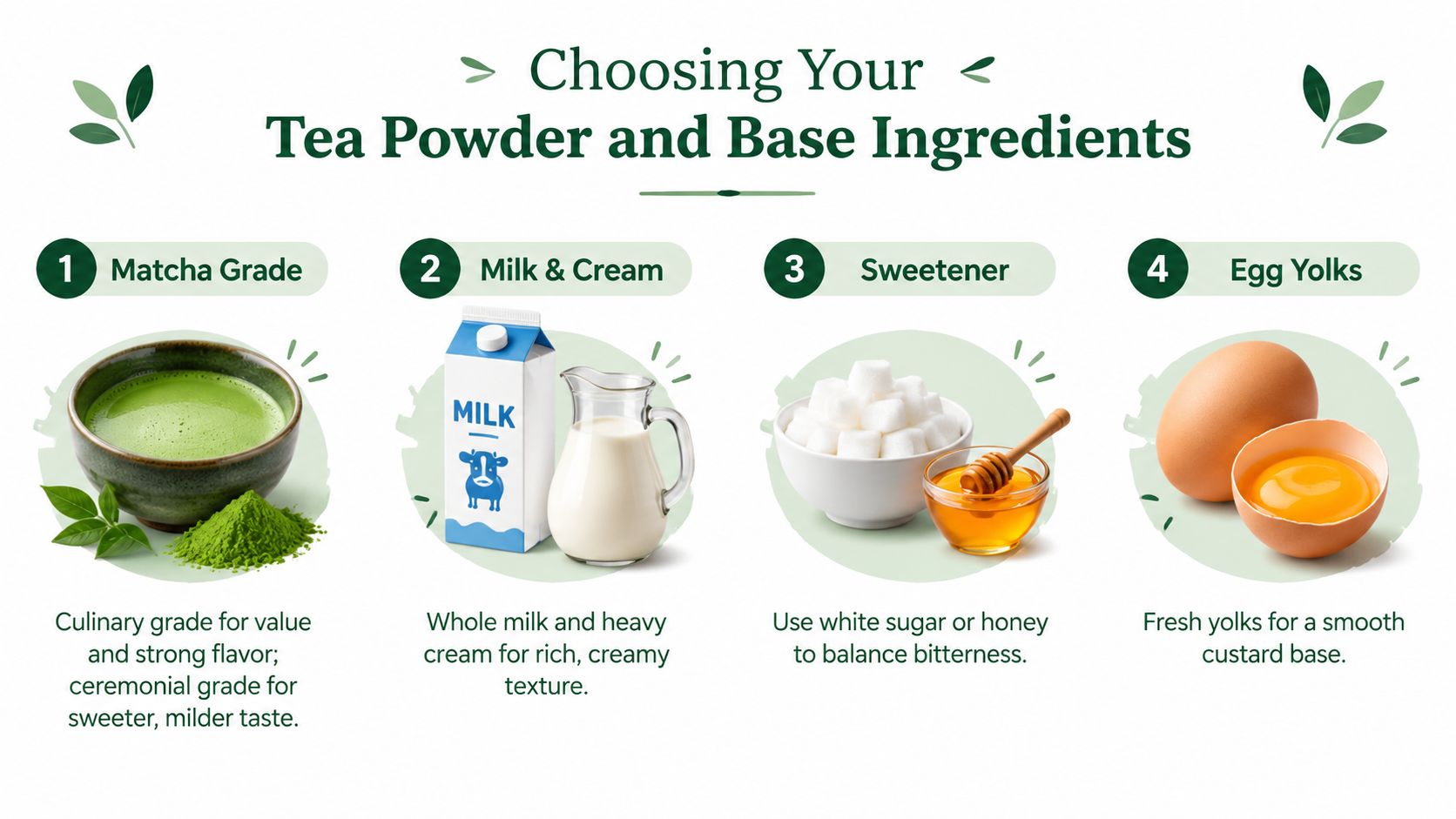 An infographic showing four essential ingredients for making matcha green tea ice cream at home.