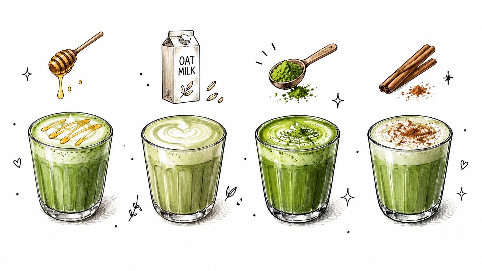 A set of four matcha latte drinks decorated with honey, oat milk, matcha powder, and cinnamon sticks.
