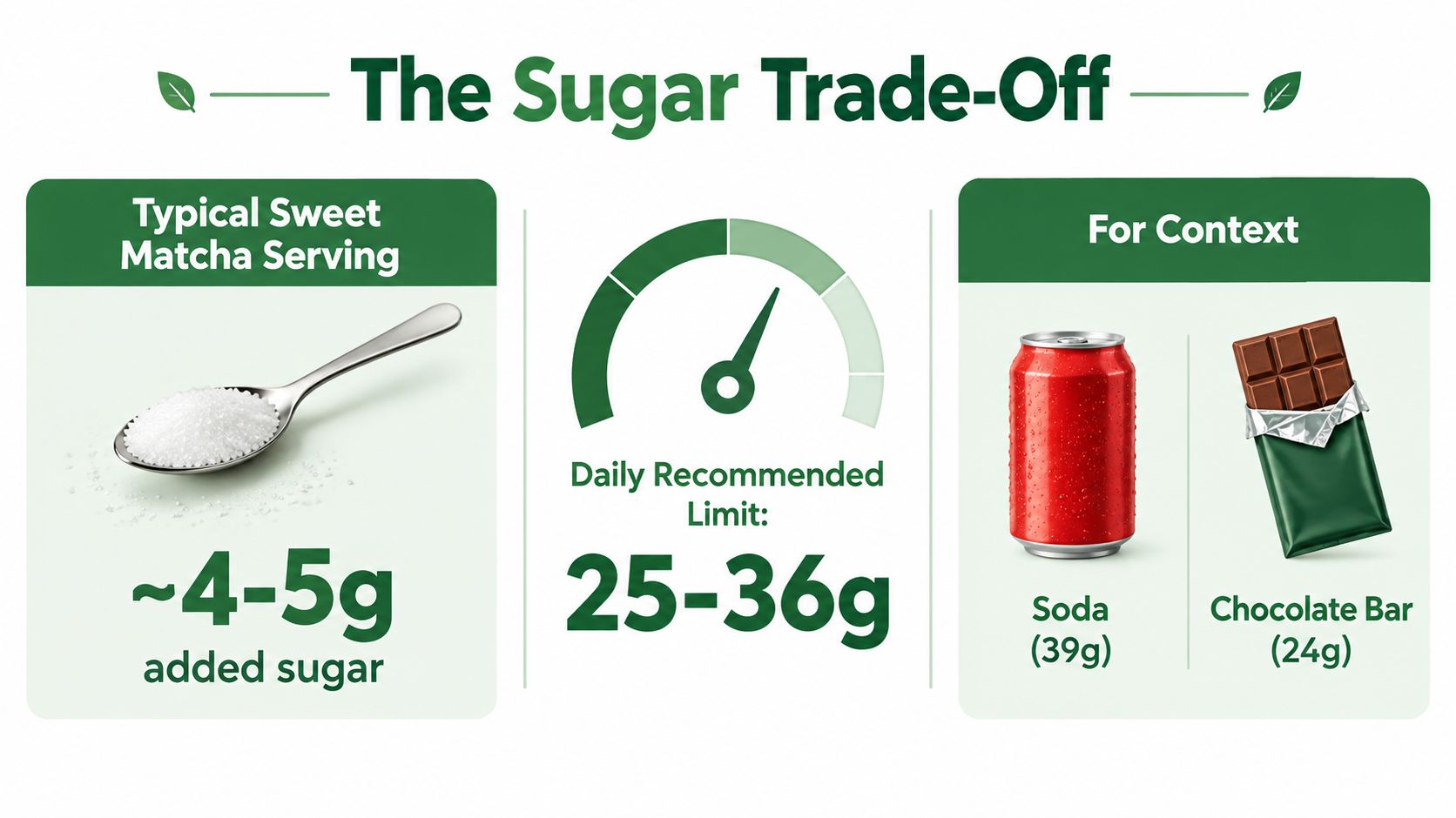 A comparison chart showing sugar content in matcha compared to daily limits, soda, and chocolate bars.