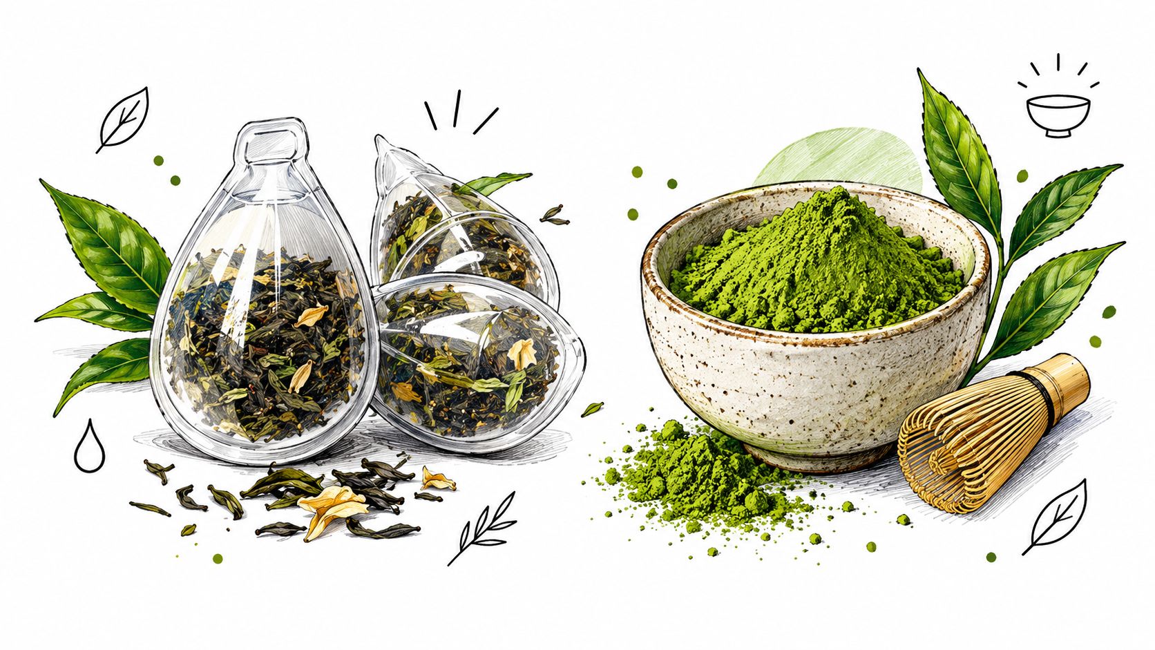 An artistic illustration featuring clear glass tea infusers filled with loose leaf tea and a bowl of matcha.