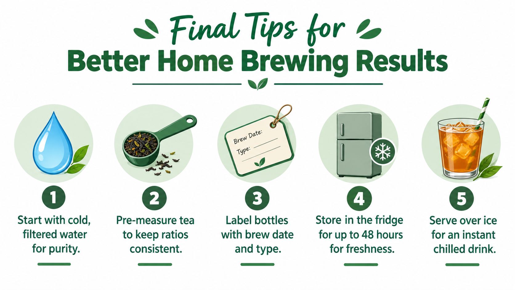 An infographic titled Final Tips for Better Home Brewing Results with five steps for making iced tea.