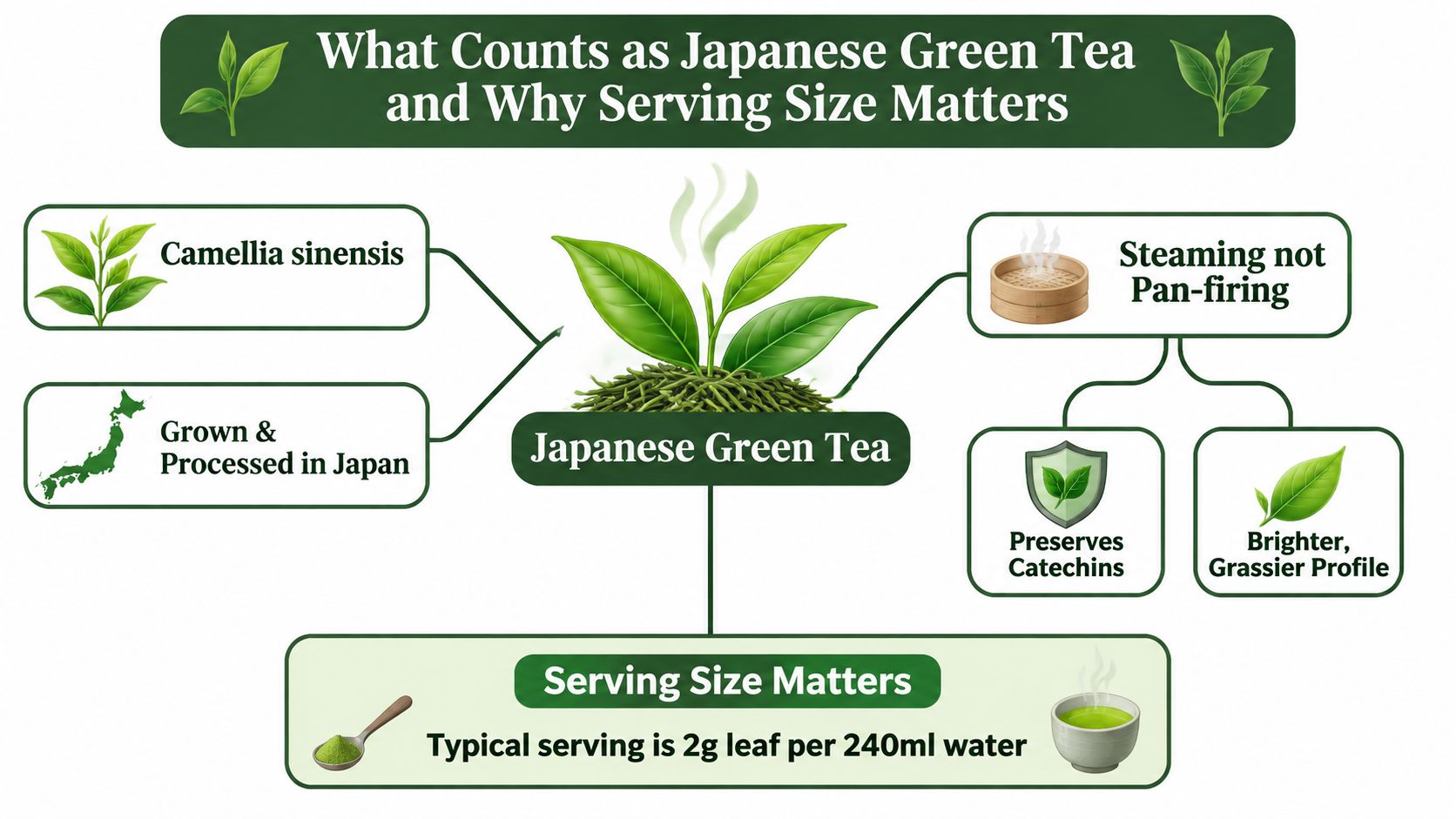 An infographic detailing the definition of Japanese green tea, processing methods, and standard serving recommendations.