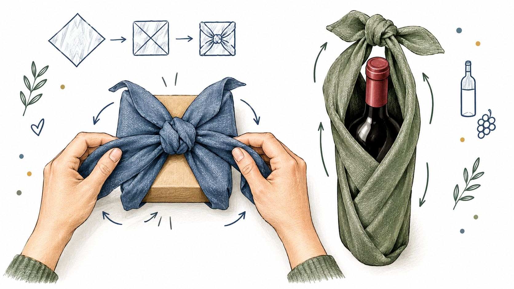 An illustration demonstrating how to use furoshiki fabric to wrap a square gift and a wine bottle.