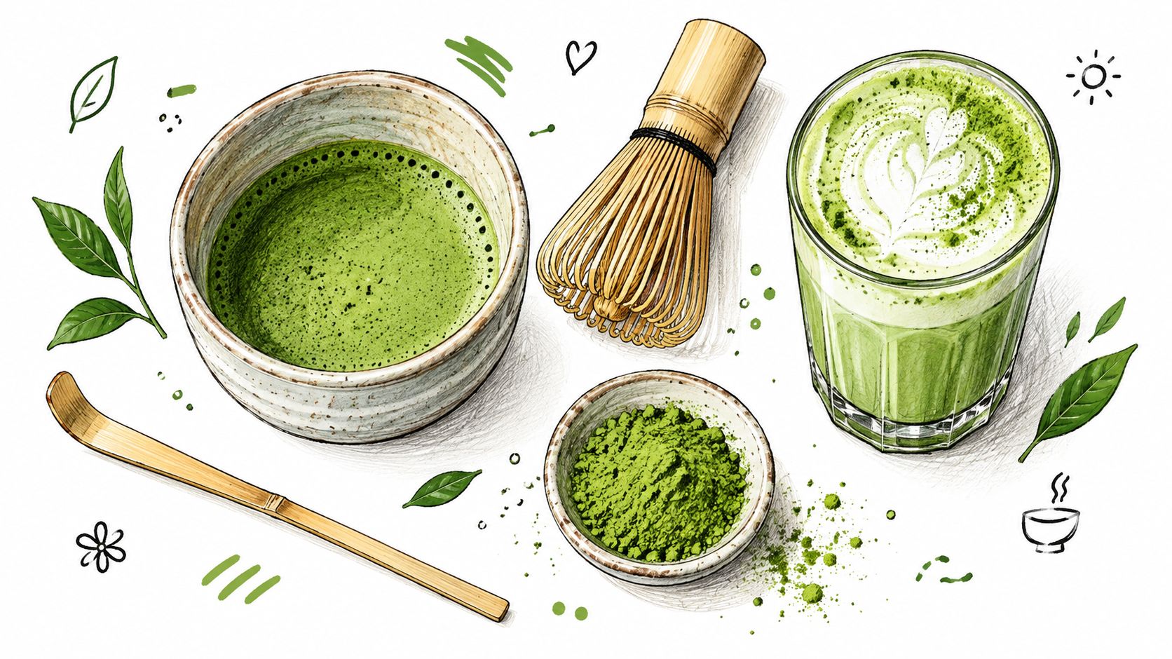 A flat lay illustration of matcha green tea preparation with a bowl, bamboo whisk, powder, and latte.