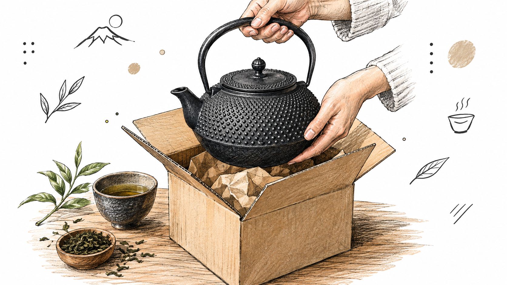 A hand placing a traditional black cast iron Japanese teapot into a cardboard box on a table.