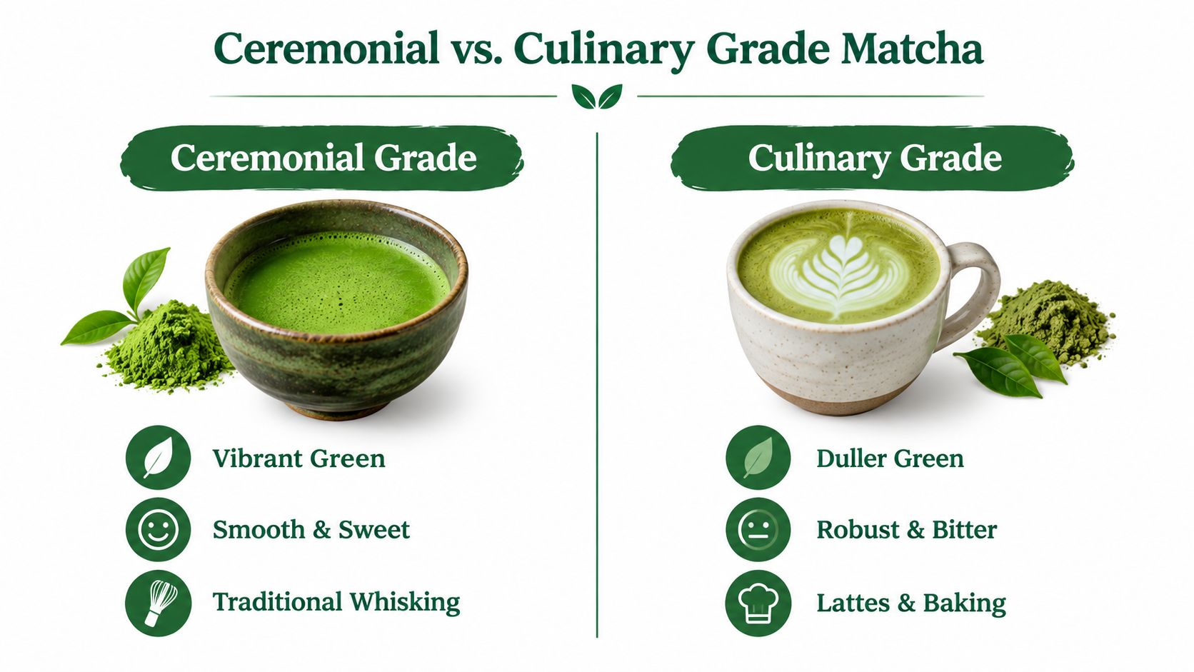 A comparison chart showing the differences between bright Ceremonial grade matcha and darker Culinary grade matcha powder.