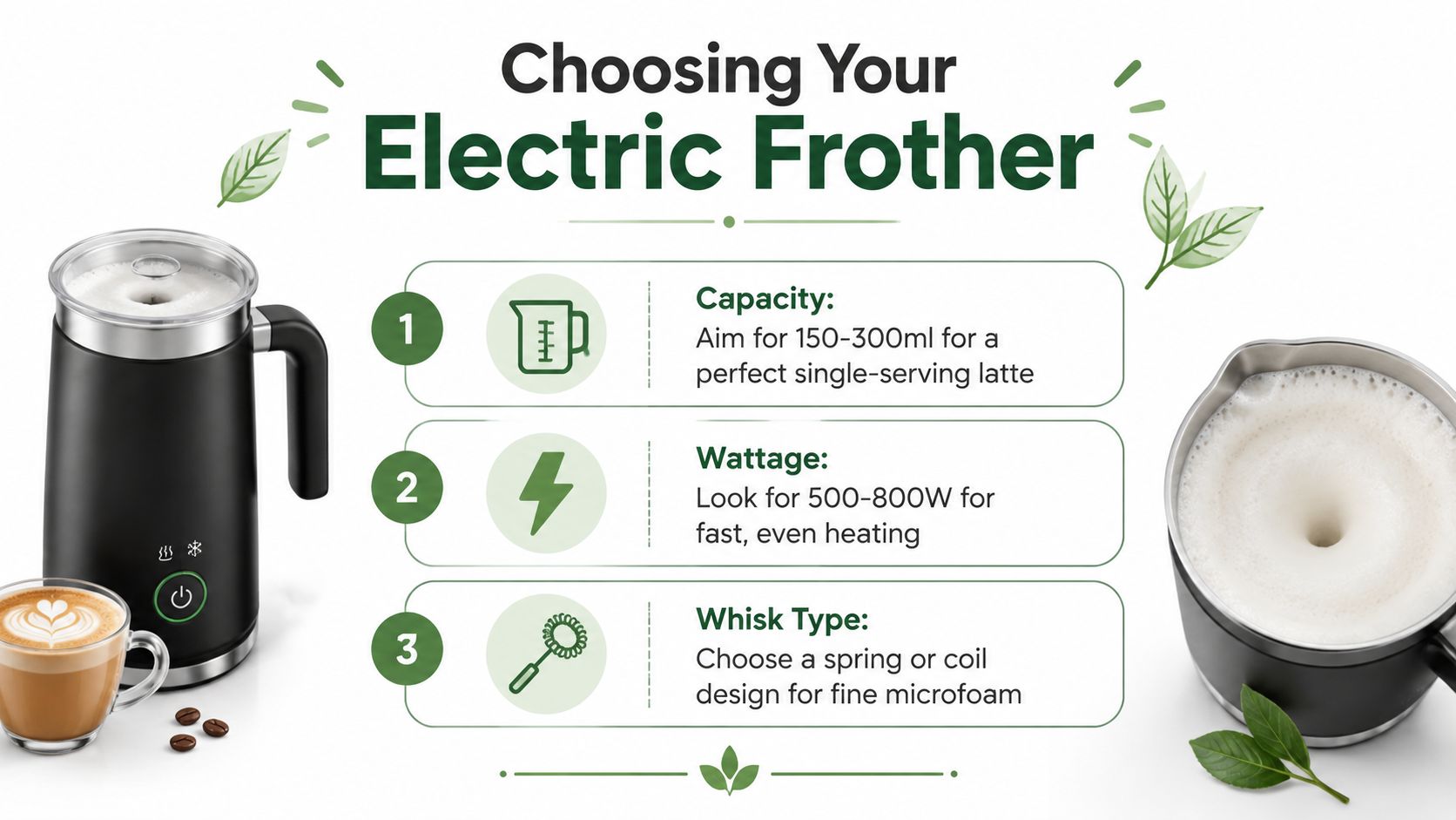 A helpful infographic showing three key features to consider when choosing an electric milk frother.