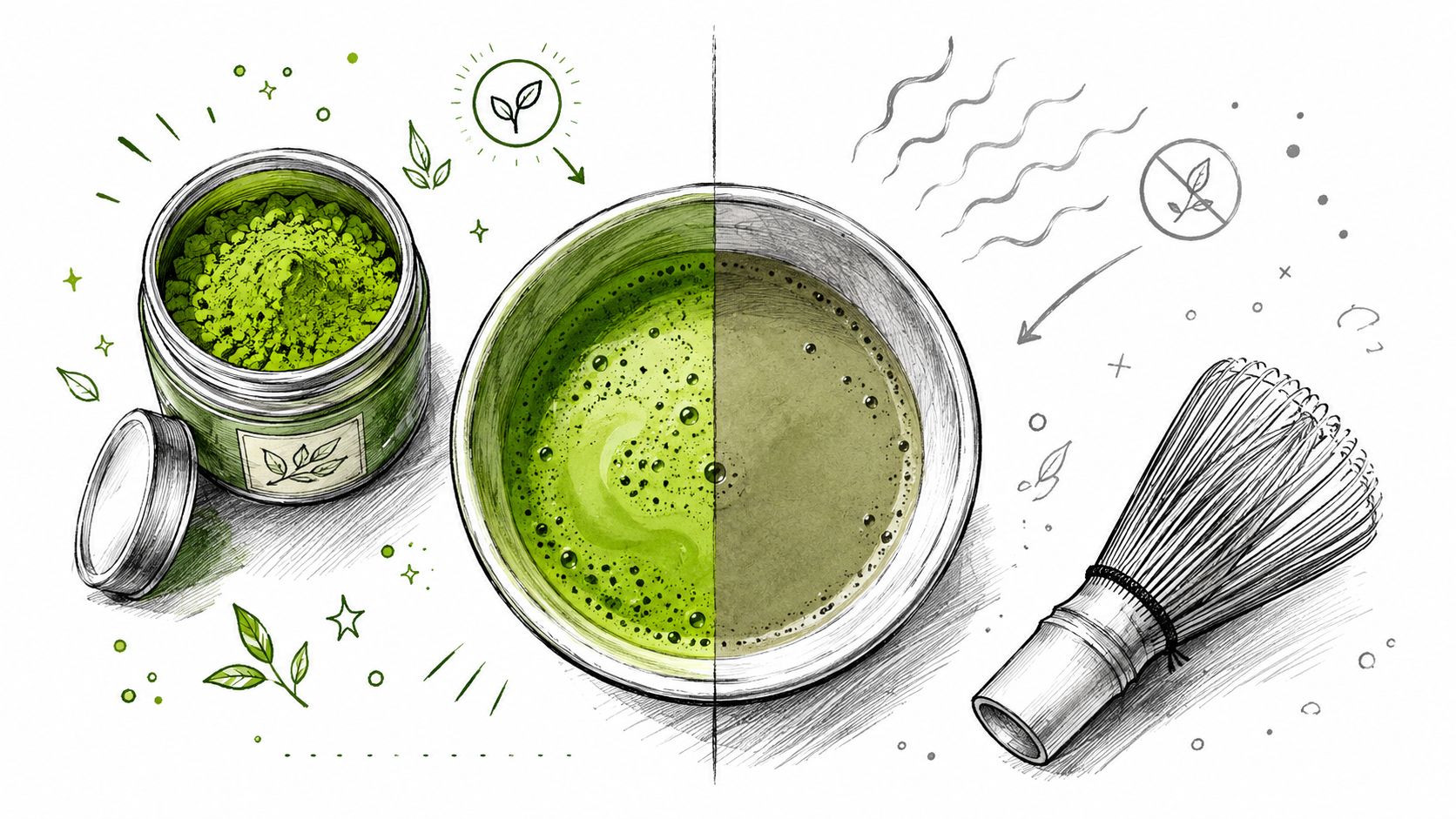 An artistic sketch of matcha powder, a whisk, and a bowl of prepared green tea.