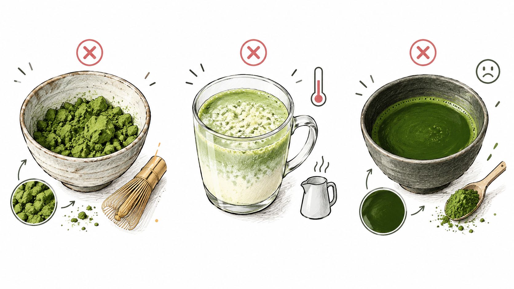 An illustration showing three common mistakes made when preparing matcha tea, including clumpy powder and incorrect temperatures.