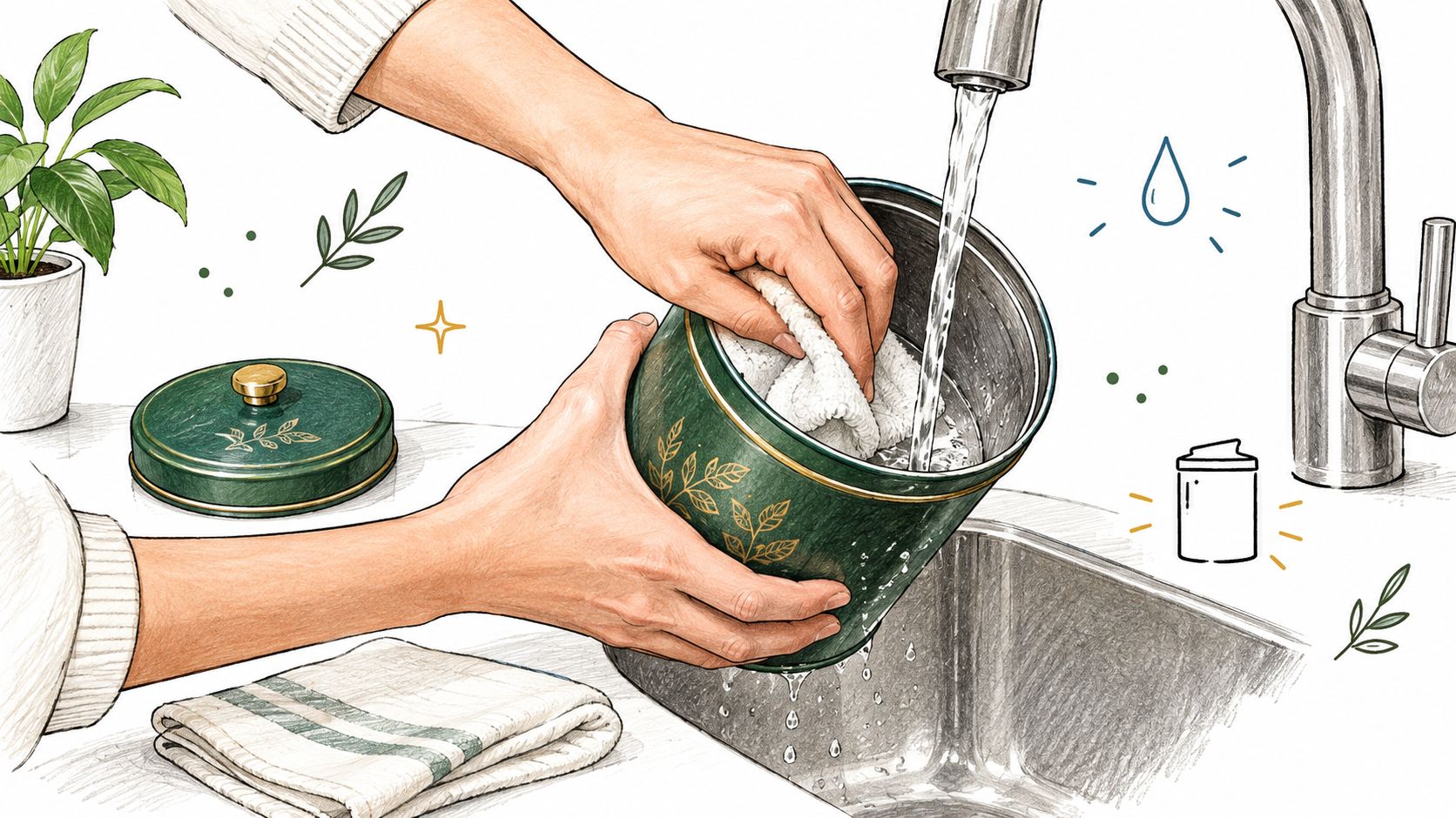 A person washing a decorative green tea storage tin under a kitchen faucet with a white cloth.