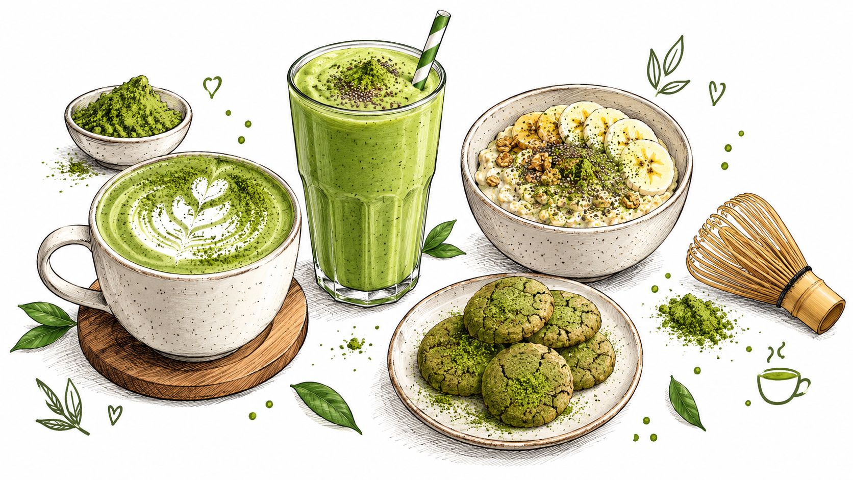 An illustration featuring a variety of matcha-based foods and drinks including a latte, smoothie, and cookies.