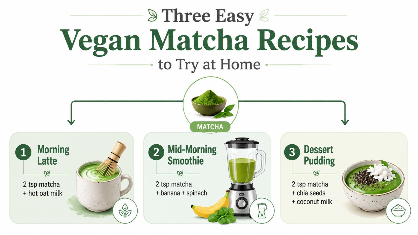 An infographic showing three easy vegan matcha recipes including a morning latte, smoothie, and dessert pudding.