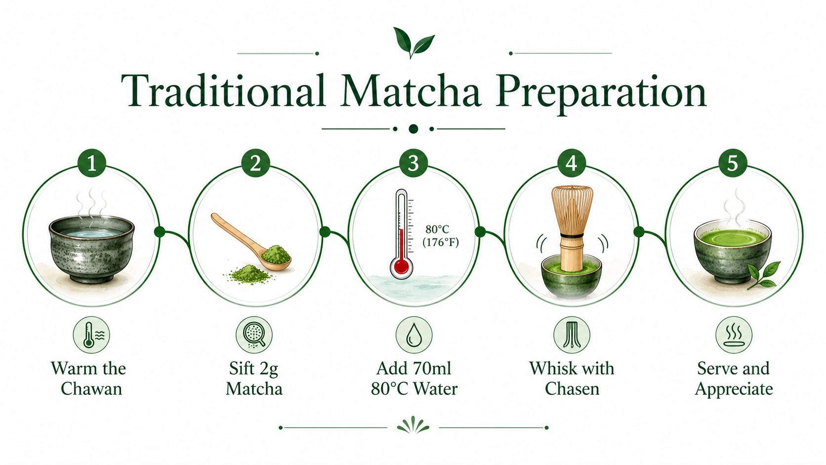 A five-step infographic showing the traditional preparation process of matcha tea using a bowl, whisk, and hot water.