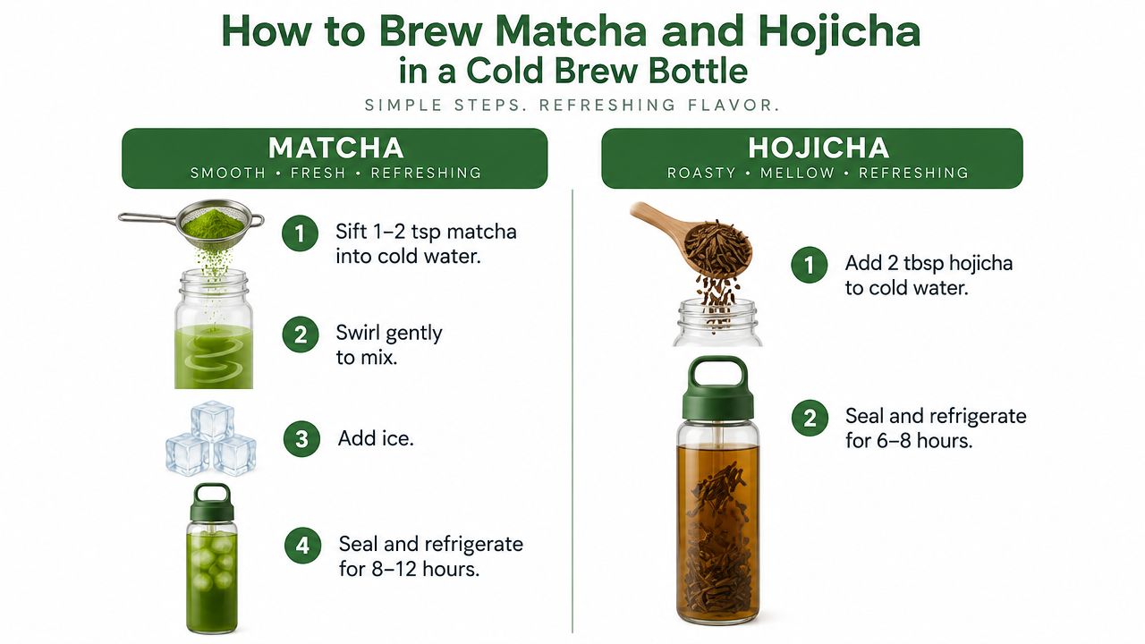 A step-by-step guide on how to prepare cold brew matcha and hojicha in a glass bottle.