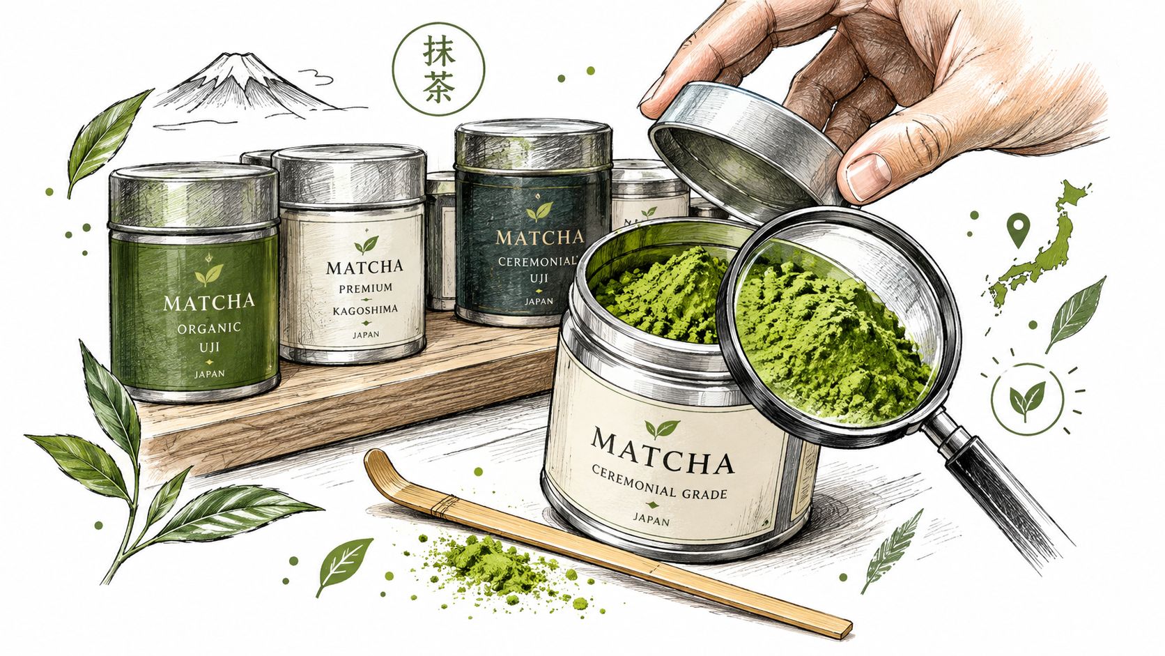 An artistic illustration featuring several tins of Japanese ceremonial matcha powder displayed with a magnifying glass.