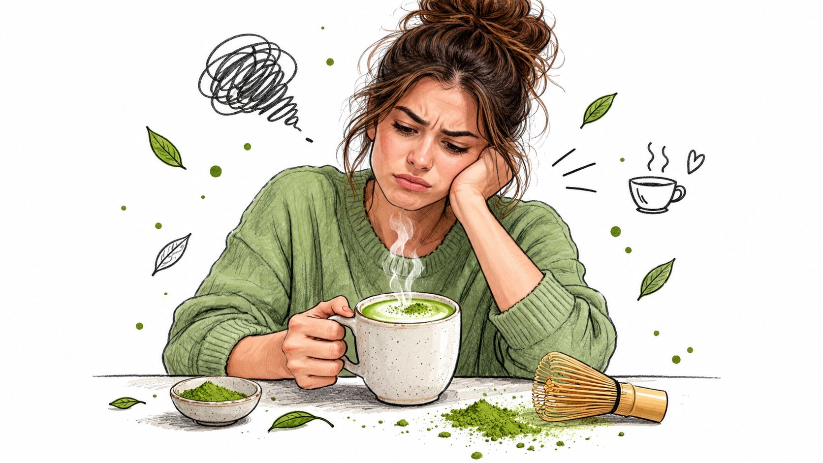 A frustrated woman sitting at a table with a hot cup of green matcha tea.