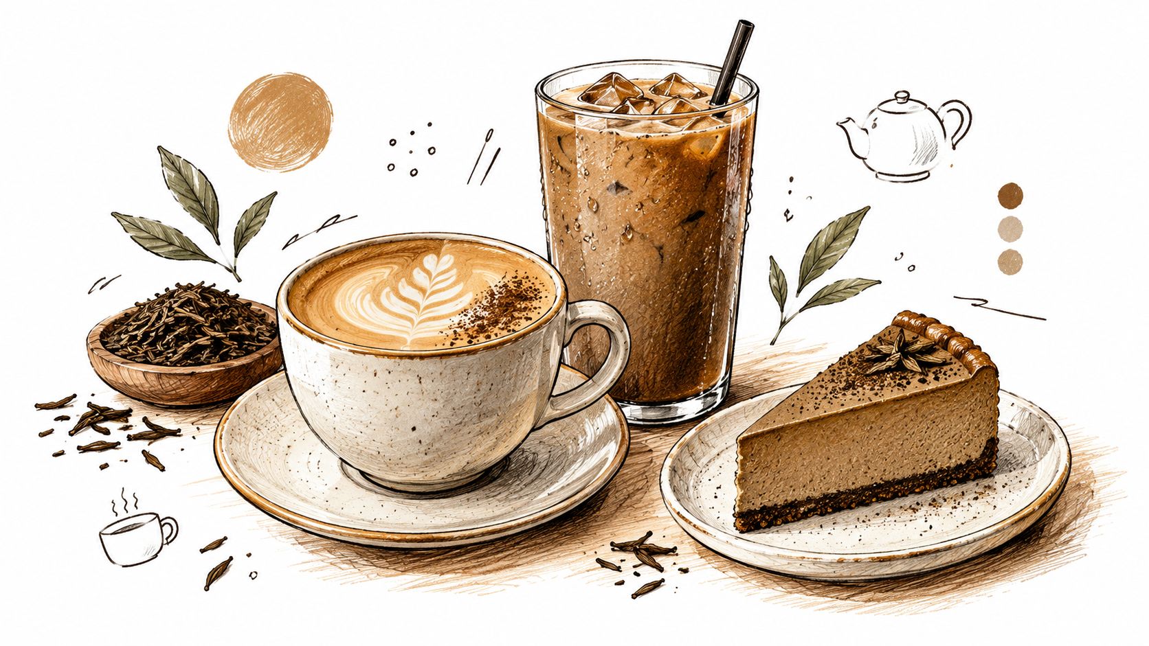 A hand-drawn illustration featuring a warm latte, iced coffee, and a slice of delicious cheesecake.