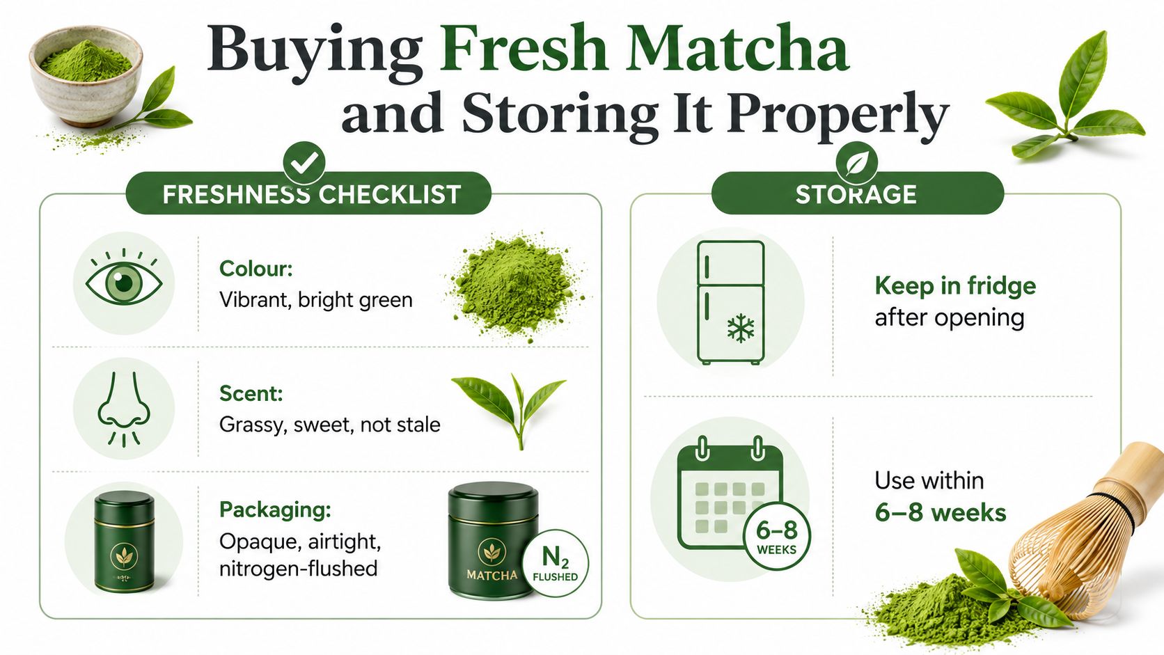 An infographic detailing how to check the freshness of matcha and best storage practices for quality.