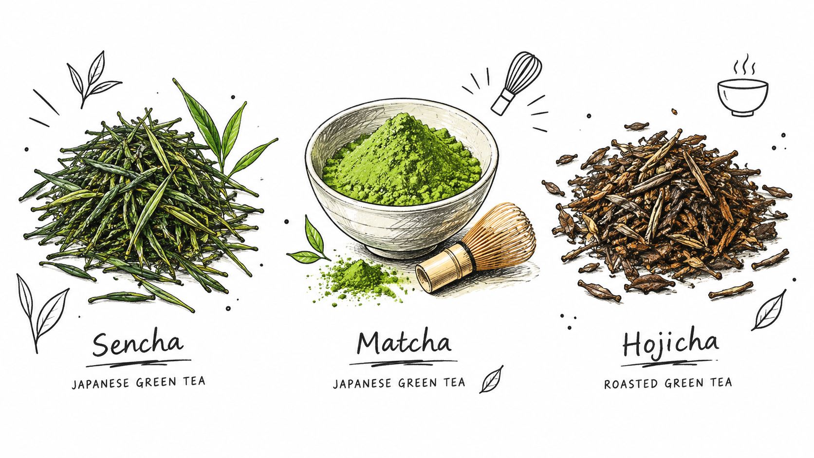 A hand-drawn illustration showing piles of Sencha, a bowl of Matcha with a whisk, and roasted Hojicha tea.