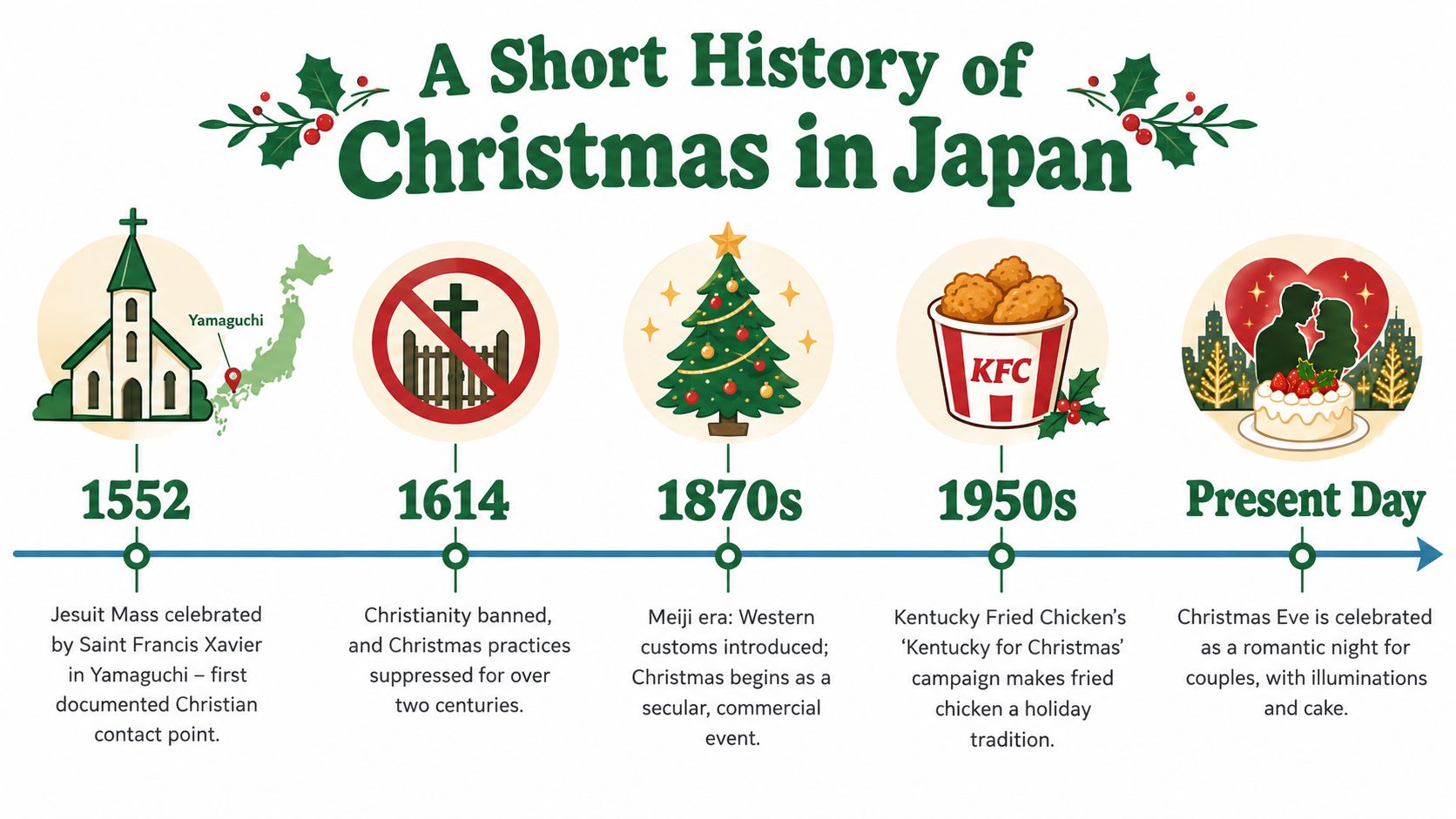 An illustrated timeline showing the historical development and evolution of Christmas celebrations in Japan since 1552.
