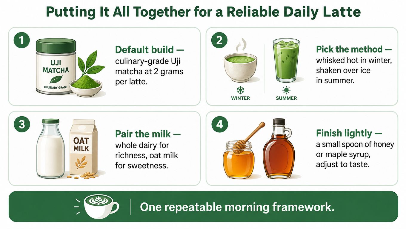 An infographic showing four steps to make a reliable daily Uji matcha latte at home.