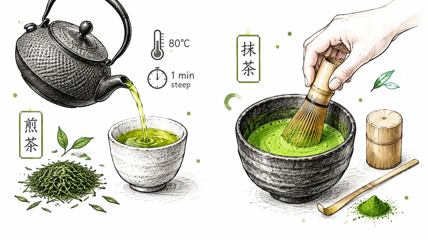 An artistic illustration depicting the preparation methods for Japanese Sencha tea and frothy Matcha green tea.