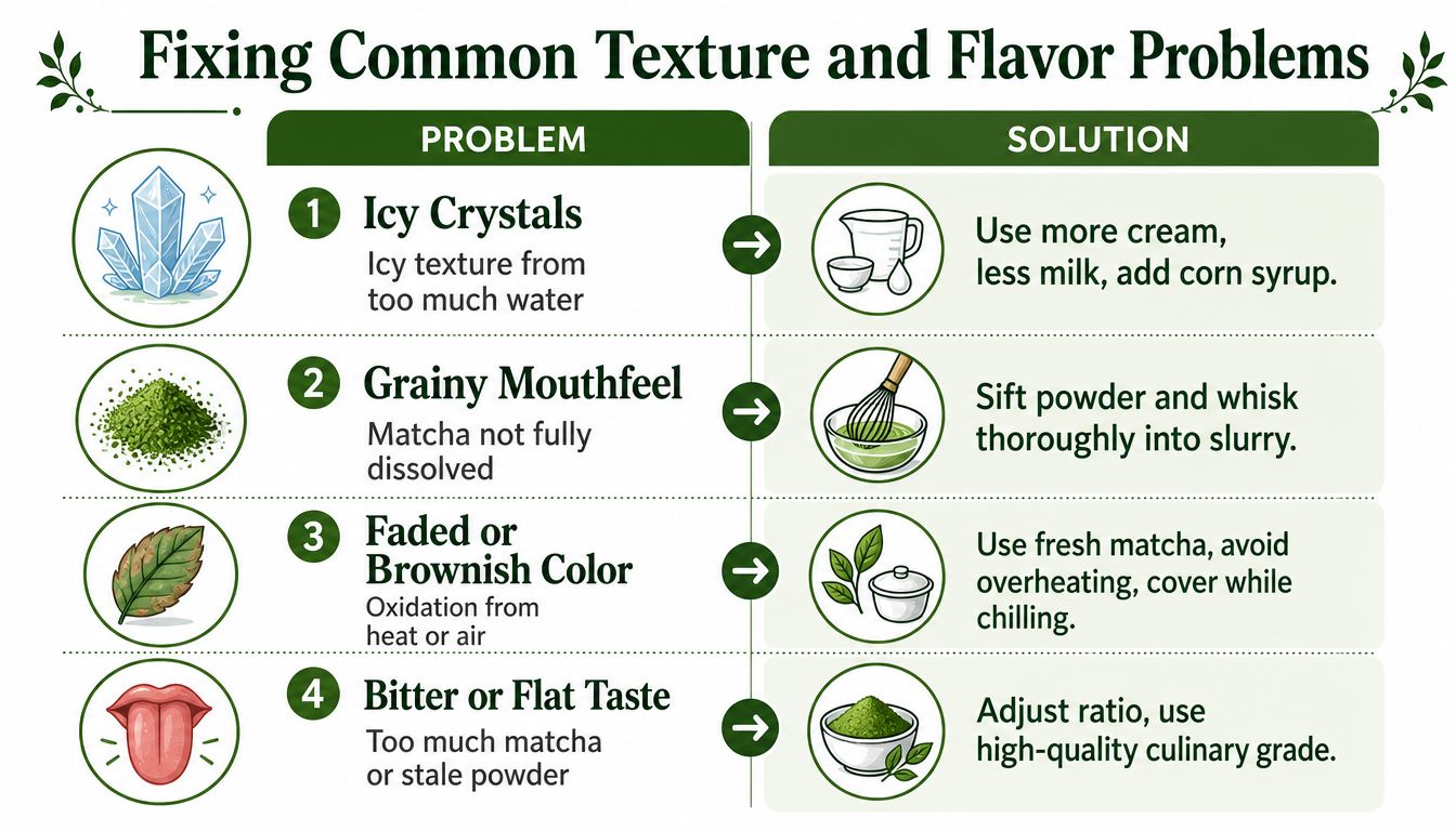 An infographic titled Fixing Common Texture and Flavor Problems for matcha ice cream, displaying four solutions.