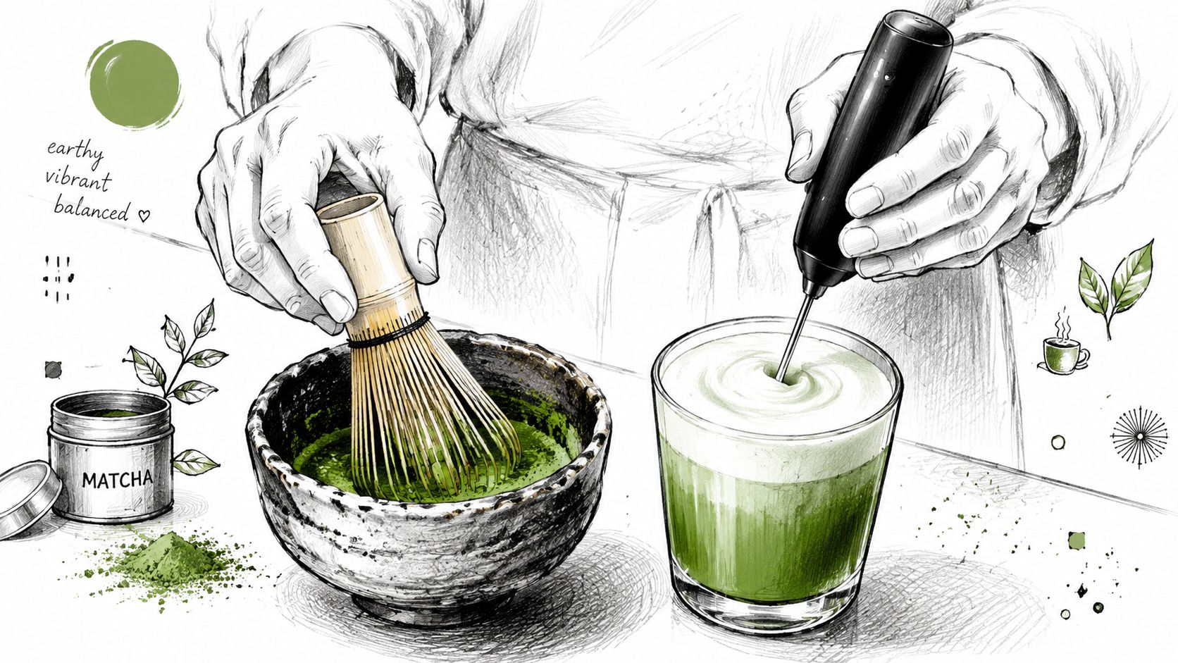 A detailed sketch showing a person whisking matcha in a bowl and using an electric milk frother.