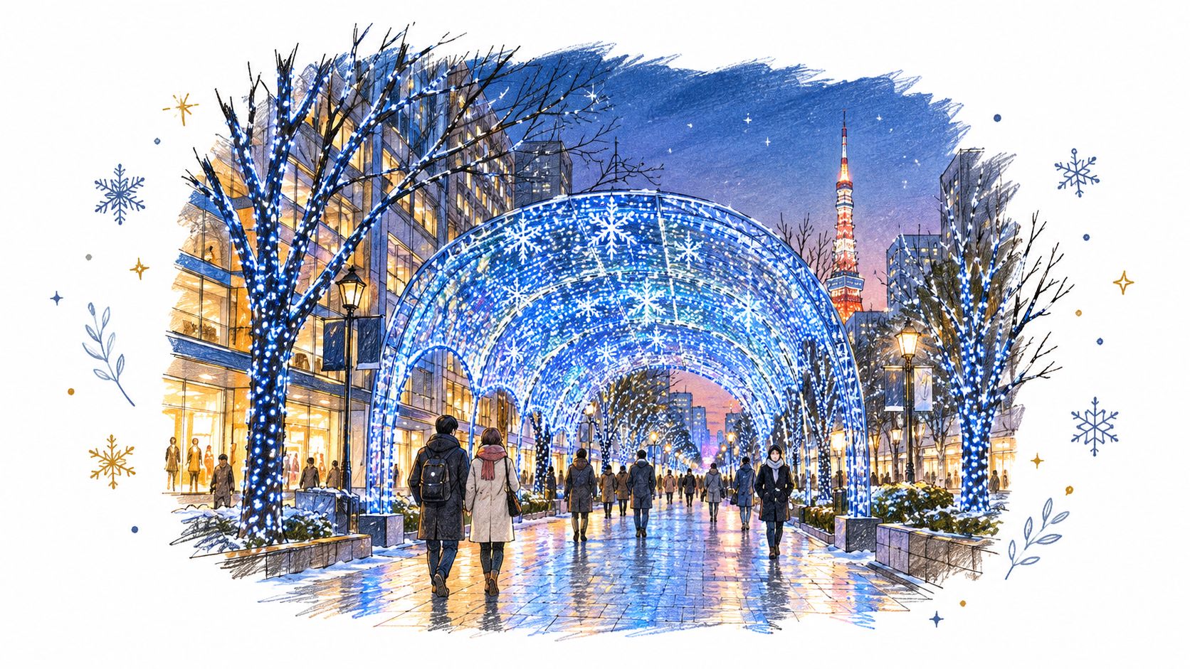 A picturesque snowy street in Tokyo decorated with vibrant blue holiday lights and a snowflake tunnel arch.